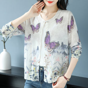 Áo len cardigan dài tay cổ tròn in họa tiết thiên nhiên - A513