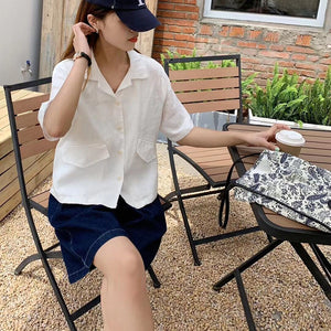 Áo sơ mi linen ngắn tay cổ vest hai túi chéo có nắp - NU8822
