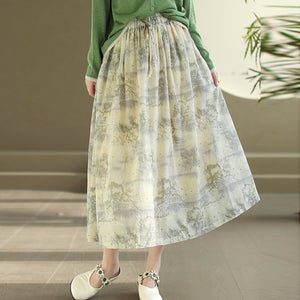 Chân váy linen lưng thun hai lớp in hoa lá - NU10246