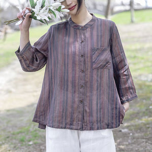 Áo sơ mi linen jacquard tay lửng cổ đứng kẻ sọc - NU9910