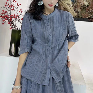 Bộ đồ linen gồm chân váy xẻ vạt và áo sơ mi ngắn tay cổ tròn - NU10405