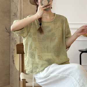 Áo sơ mi linen ngắn tay cổ tròn thêu hoa cẩm tú cầu - NU10403