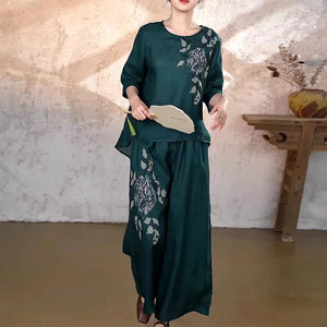 Bộ đồ linen gồm áo T-shirt ngắn tay cổ tròn và quần baggy thêu hoa - NU8941