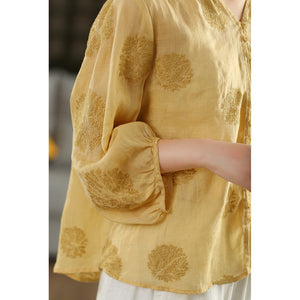 Áo sơ mi linen tay lửng cổ V thêu hoa văn đồng màu - A928