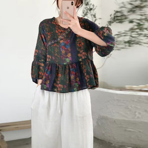 Áo sơ mi linen tay lửng cổ V vạt chéo in hoa lá - A778