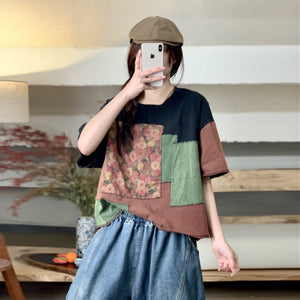 Áo T-shirt ngắn tay cổ tròn kiểu chắp vá màu sắc - A795