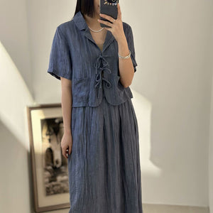 Áo sơ mi linen ngắn tay cổ vest cột dây - NU9842