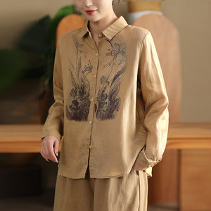 Áo sơ mi linen dài tay cổ đức in đối xứng trước ngực - A724
