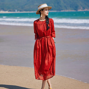 Đầm liền linen ngắn tay cổ tròn khuy cài - NU9904