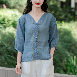 Áo sơ mi linen tay lửng cổ V thêu viền - NU10015
