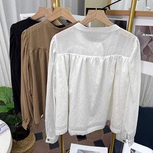 Áo sơ mi linen dài tay bồng cổ đứng  - A696