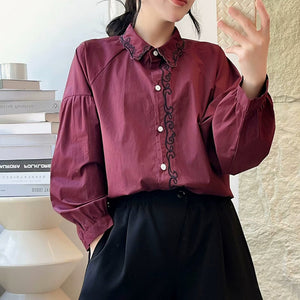 Áo sơ mi linen dài tay cổ đức thêu bo viền - NU9857