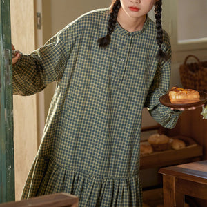 Đầm liền linen Morigirl dài tay cổ đứng kẻ caro - D041