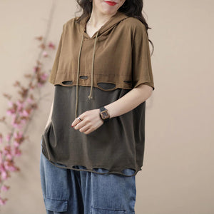 Áo hoodies ngắn tay hai mảng màu vạt kiểu rách - NU8726