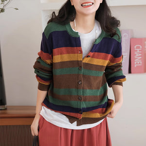 Áo khoác len đan cardigan dài tay cổ tròn kẻ sọc cầu vồng - NU9313