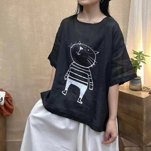 Áo T-shirt linen ngắn tay cổ tròn in chú mèo đeo kính - NU10463