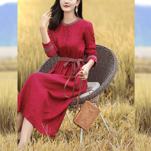 Đầm liền linen dài tay cổ tròn viền in hoa retro - NU9376