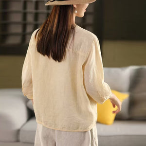 Áo sơ mi linen tay lửng cổ tròn kiểu phối khuy tròn - A946