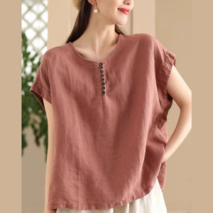 Áo sơ mi linen sát nách cổ tròn retro - A868