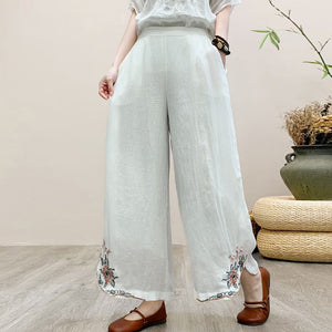 Quần baggy linen lưng thun ống xuông thêu hoa lá retro - NU9995