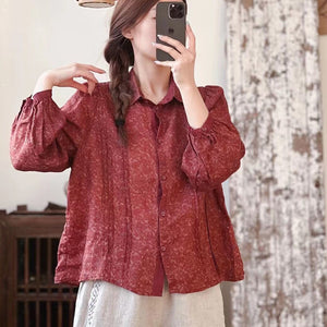 Áo sơ mi linen dài tay cổ đức in hoa lá liti kiểu xếp ly - NU9858