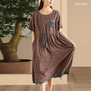 Đầm liền linen ngắn tay cổ tròn một túi ren eo cột dây - D007