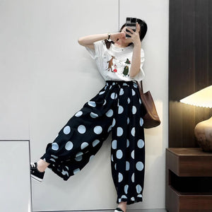 Quần baggy lửng lưng thun ống rộng chấm bi lớn - Q128