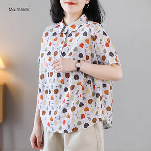 Áo sơ mi ngắn tay cổ đức in hoa lá retro khuy vạt - NU8845