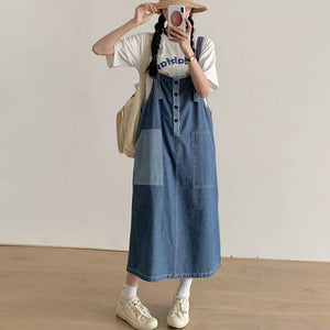 Đầm yếm denim túi lớn lệch màu có khuy cài - NU10358