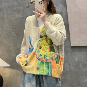 Áo khoác len cashmere dài tay cổ V in cô gái và chú mèo - NU9276