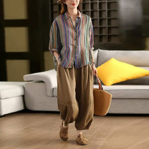 Áo sơ mi linen ngắn tay cổ đức kẻ sọc cầu vồng - A891