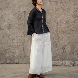 Áo sơ mi linen dài tay cổ cánh sen thêu bo viền - A713