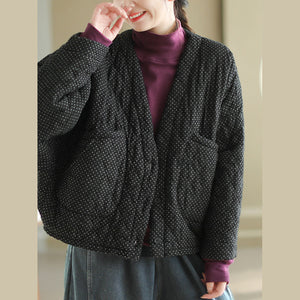 Áo khoác retro chần bông dài tay cổ V chấm bi túi đôi - A645