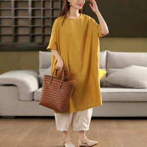 Đầm liền linen ngắn tay cổ tròn khuy vai - D078