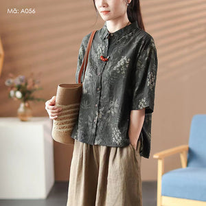 Áo sơ mi ngắn tay cổ đức in hoa lá retro - A054