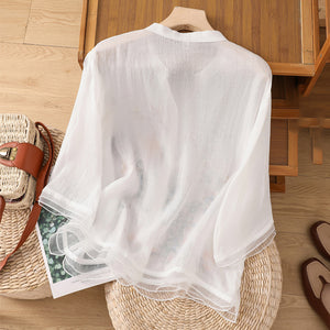 Áo sơ mi linen ngắn tay cổ tròn chữ V thêu hoa lá - NU8831