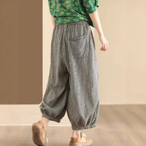 Quần baggy linen lưng thun kẻ caro gấu bo chun - Q209