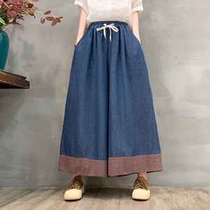 Quần baggy denim lưng thun ống rộng phối caro - Q129