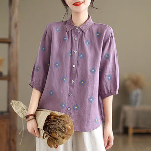 Áo sơ mi linen ngắn tay cổ đức đính ren thêu những bông hoa - NU9915