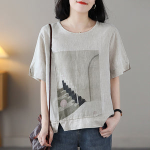 Áo T-shirt linen ngắn tay cổ tròn in trừu tượng - NU8780
