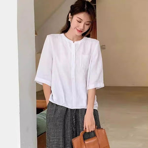 Áo sơ mi linen ngắn tay cổ tròn một túi retro - NU9980