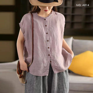 Áo sơ mi linen sát nách cổ tròn xếp ly - A812