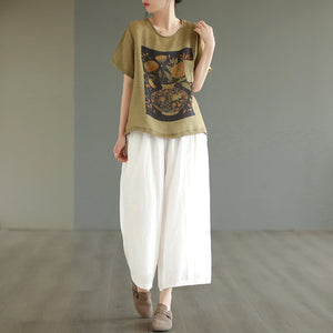 Áo T-shirt linen ngắn tay cổ tròn hoa lá tĩnh vật - NU10154