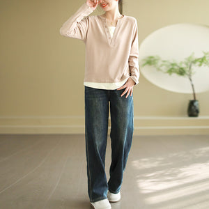 Áo T-shirt dài tay cổ V đính khuy kiểu hai lớp - NU9578