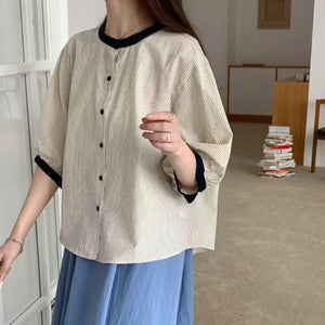 Áo sơ mi ngắn tay kiểu bồng cổ tròn bo viền - A923
