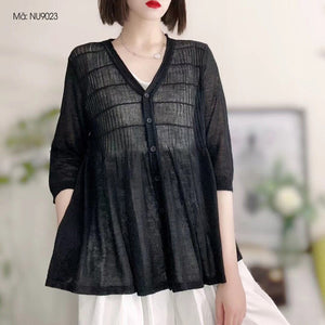 Áo khoác cardigan dệt kim ngắn tay cổ V form dài - NU9021