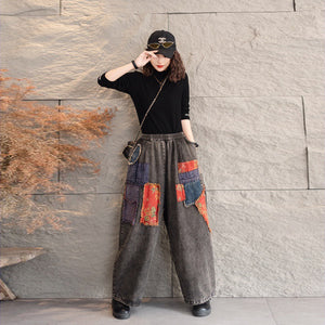 Quần baggy denim lưng thun ống rộng kiểu chắp vá - Q100