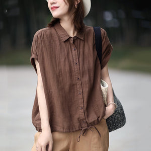 Áo sơ mi linen sát nách cổ đức đơn sắc vạt dây rút - NU8980