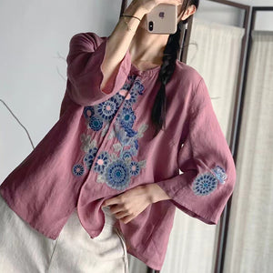 Áo sơ mi linen tay lửng cổ tròn một khuy thêu hoa lá - NU9071