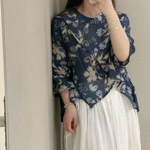 Áo sơ mi linen tay lửng hoa văn - A1019